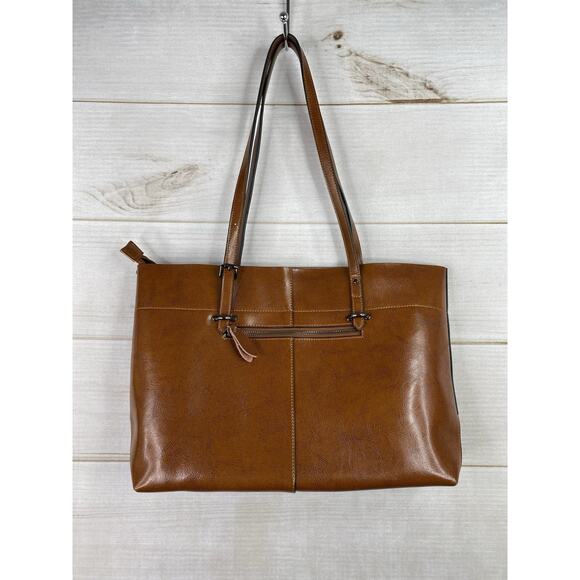 S-Zone Leather Zip Tote Shoulder Bag Large Distressed Cognac Brown Double Straps - Picture 1 of 14